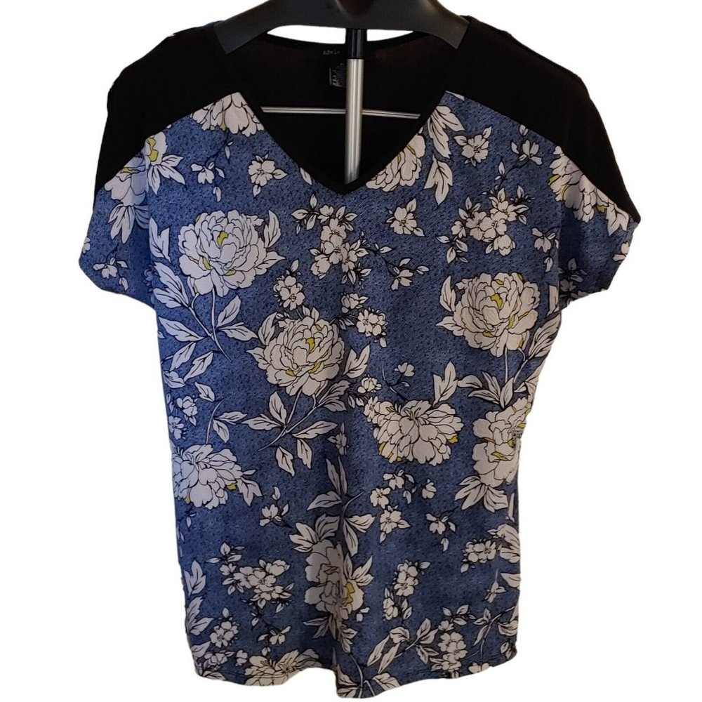 Adele  May V-Neck Short Sleeve Top Stretchy Black Blue White Flowers Women's XL